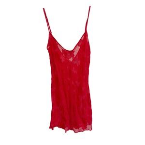 Vintage Pajamagram Red Silk Sheer Floral Slip Dress Lingerie Y2K Romantic Medium